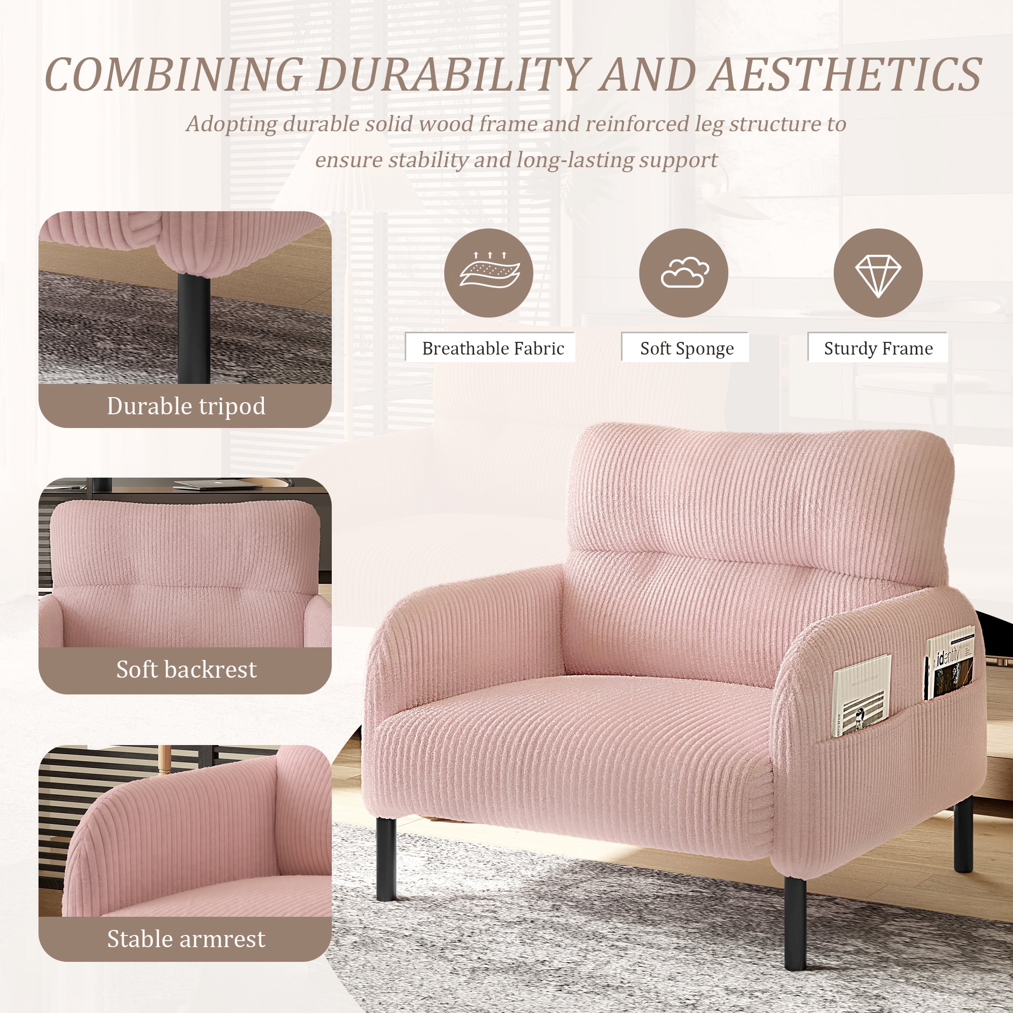 Modern Accent Chair,Armchair,Corduroy Fabric Sofa Chairs,Upholstered Armchair for Living Room,Bedroom,Office,Pink
