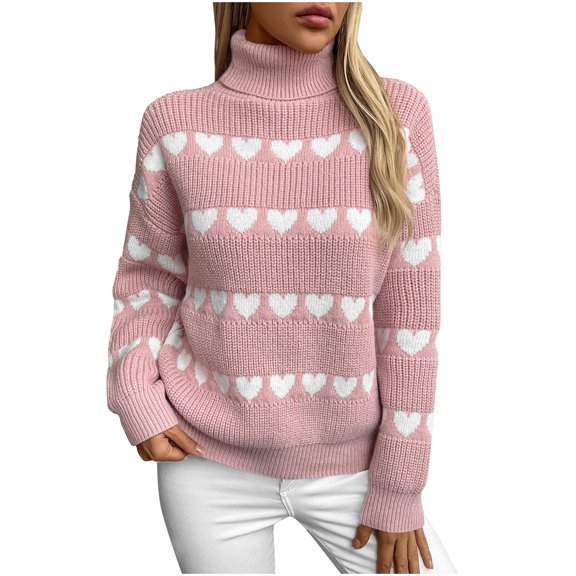 Posijego Turtleneck Sweater for Women Heart Graphic Crochet Long Sleeve Pullovers Fall Winter Warm Sweaters