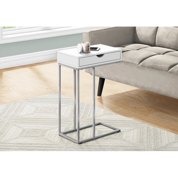 C-shaped Accent Table with Storage - White Laminate & Grey Metal