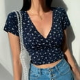 thumbnail image 2 of Women's Retro Floral Print Elegant V-Neck Short Sleeve Slim Crop Top, 2 of 5