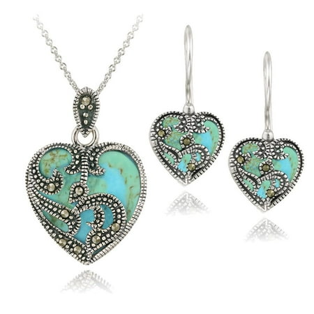 Marcasite Sterling Silver Jewelry Set - Sterling Silver Marcasite and Reconstituted Turquoise Heart Necklace and Earrings Set