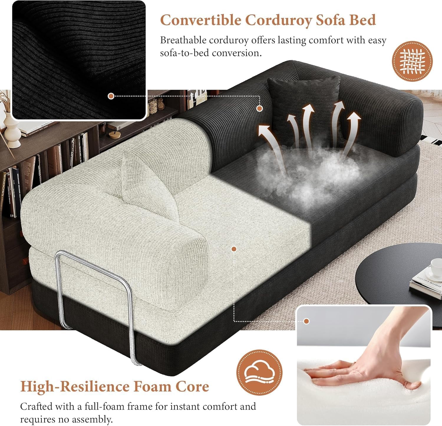 avobird 78" Convertible Sofa Bed, 5-in-1 Corduroy Futon Pull Out Couch, No Assembly Boneless Sleeper Sofa for Living Room & Bedroom, Black