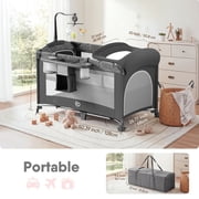 5 in 1 Pack and Play, Easy Folding Portable Playards, Baby Bassinet Bedside Crib with Mattress, Diaper Changer and Music Mobile