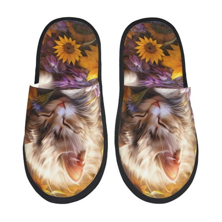Balery Cute Cat Sunflower Slient Indoor Furry Fleece Comfort House Shoes Soft Non-Slip Home Shoes Cotton slippers House Slippers-- Large
