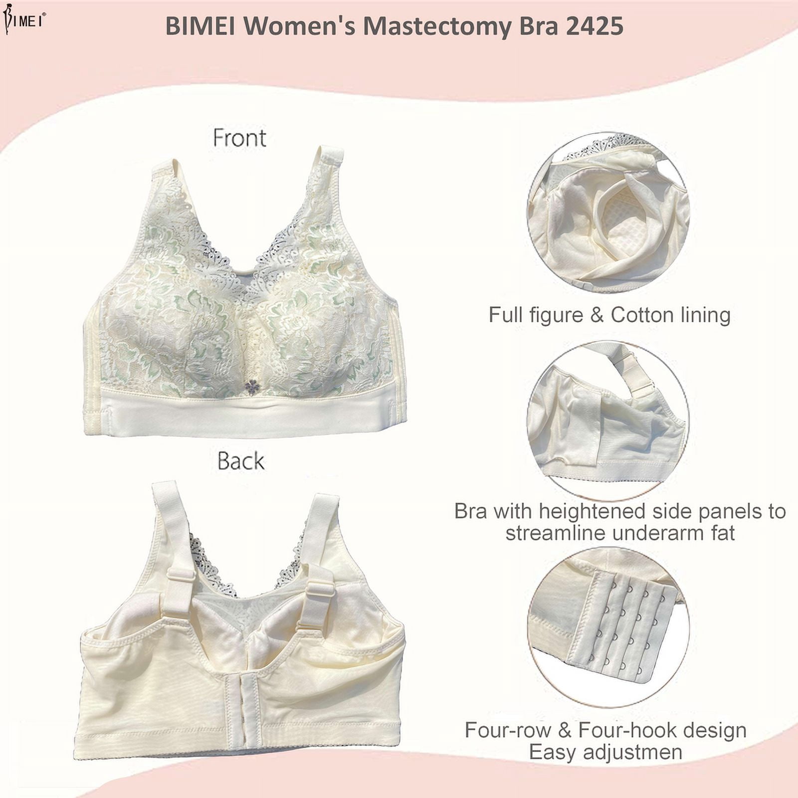 BIMEI Women Mastectomy Bra Breast Prosthesis with Pockets Wirefree Comfort Everyday Bra 2425,Beige,40B/C/D/E