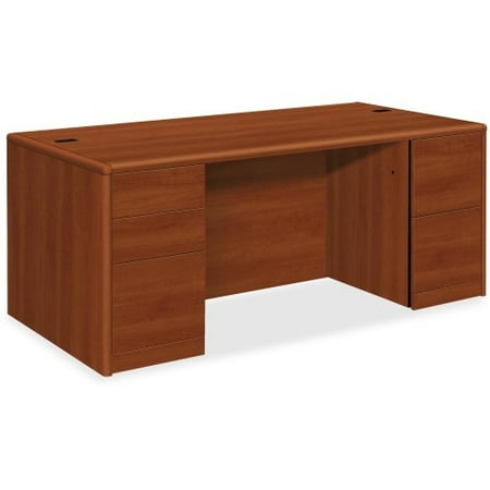 UPC: 0888206116950 | HON 10700 Series Double-Pedestal Desk 72  x 36  x 29.5  – 5 x Box Drawer(s)  File Drawer(s) – 5 Door(s) – Double Pedestal – Waterfall Edge – Material: Wood – Finish: Cognac  Laminate