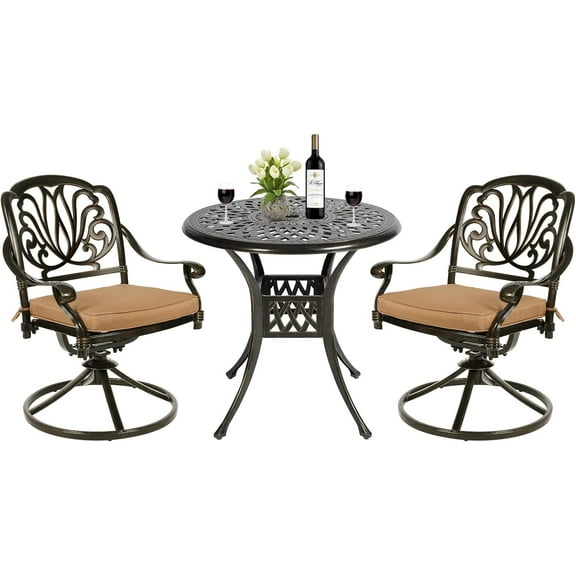 MEETWARM 3-Piece Outdoor Patio Dining Set, All-Weather Cast Aluminum Patio Conversation Set for Backyard Garden Deck with 2 Cushions Swivel Rocker Chairs and 31" Round Table, 2.2" Umbrella Hole