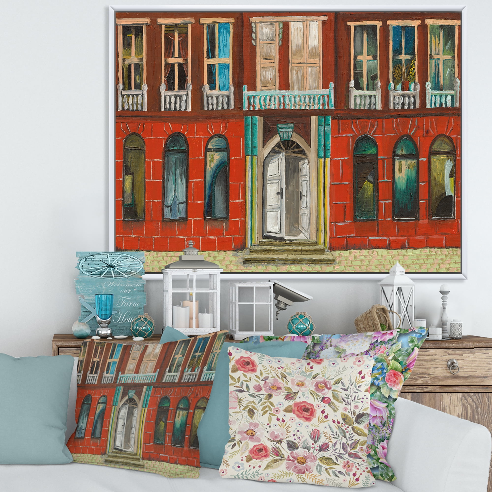 Designart 'Vintage Red Facade of Shop In Paris II' French Country Framed Canvas Wall Art Print