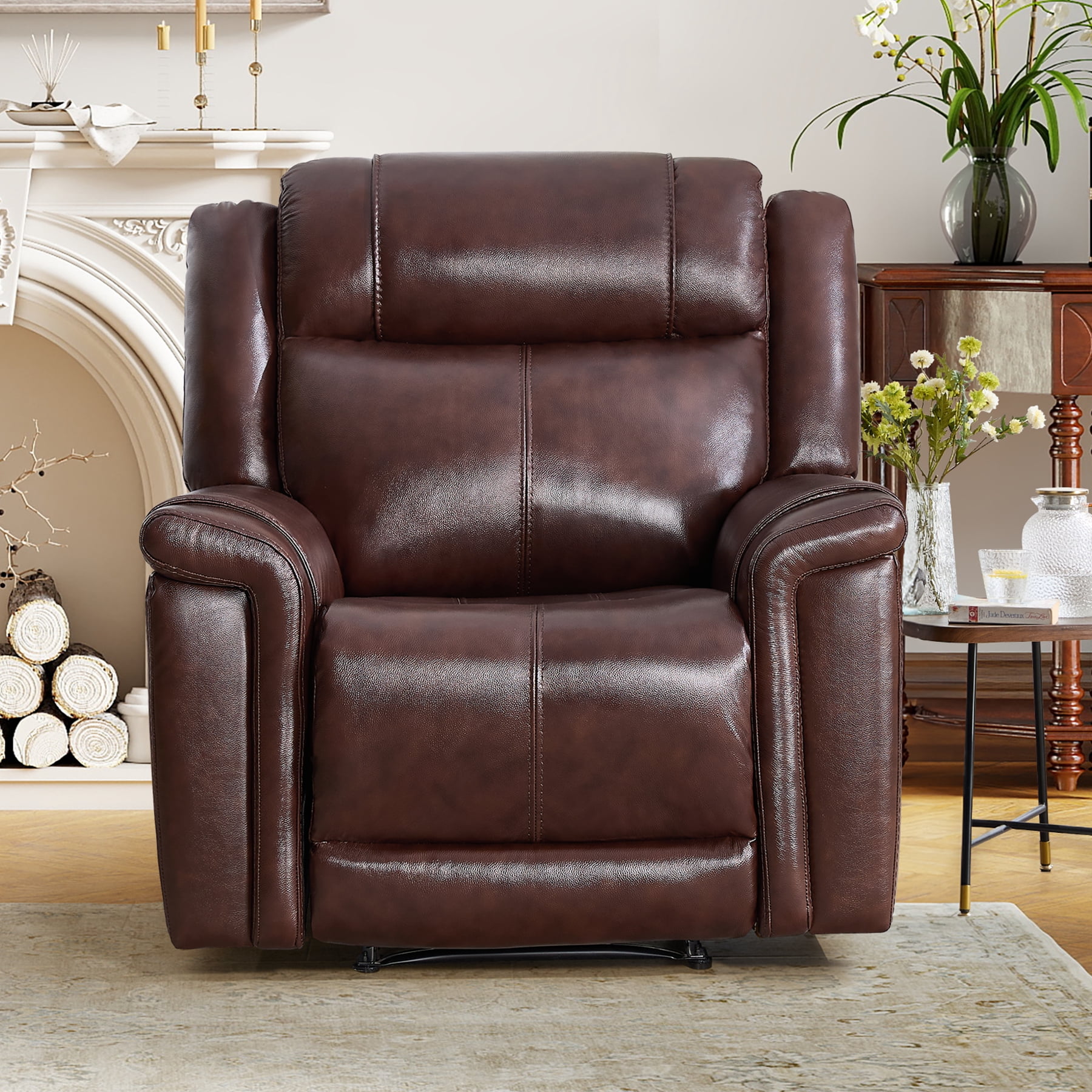 Ebello Genuine Leather Manual Recliner, Luxurious Modern Reclining Chair with Padded Headrest and Armrest for Living Room, Home Theater, Office, Brown