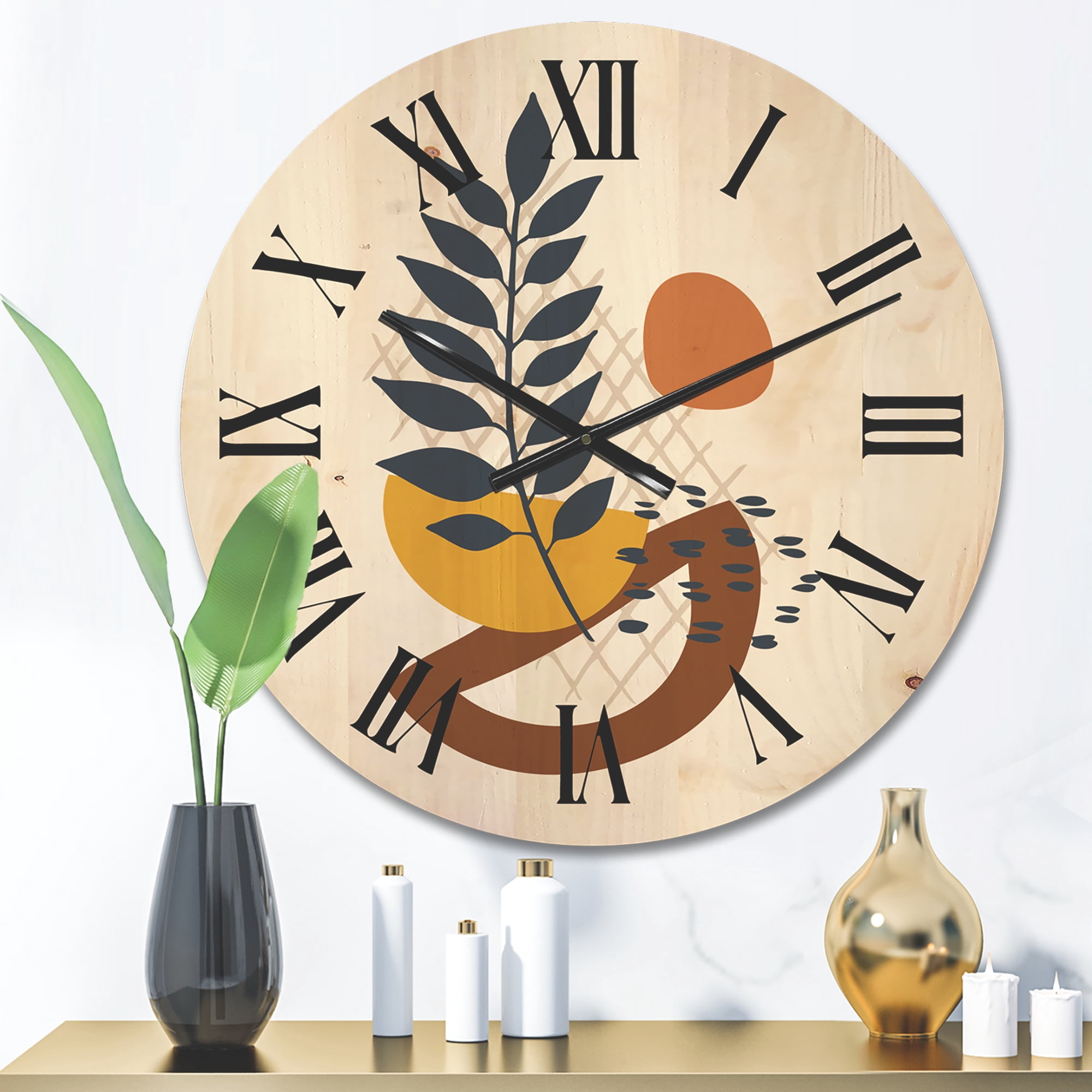 Designart 'Abstract Leaves With Elementary Shapes' Modern Wood Wall Clock