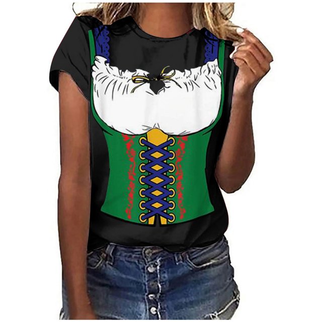 Pompotops Blouse Décontractée Mode Femme Imprimé Oktoberfest Col Rond T-Shirt Blouse Imprimée Tee Liquidation