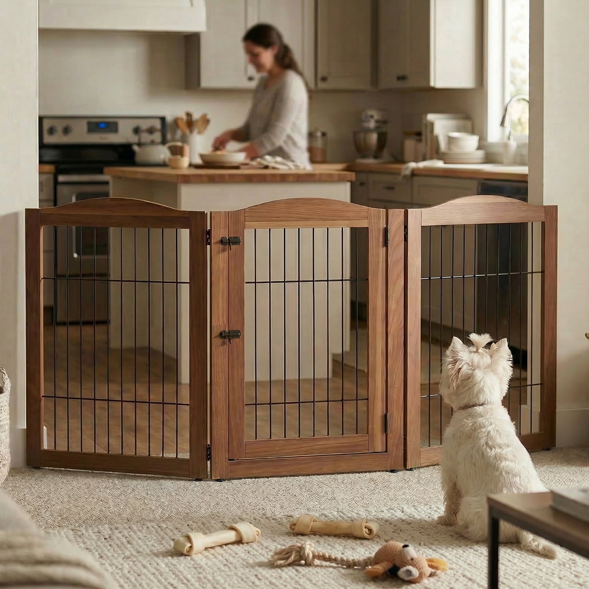 unipaws 31.5 Inch Height Pet Gate with Wood and Wire, 66 Inch Wide Freestanding Walk Through Dog Gate, Foldable Stairs Barrier for Dogs Cats