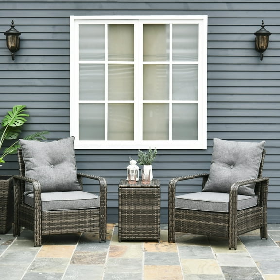 Outsunny 3 Piece Patio Furniture Set, PE Rattan Wicker Storage Table and Chairs w/ Tufted Cushions, Gray