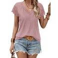thumbnail image 4 of HUBERY Women Crochet Lace Spliced V Neck Short Sleeve Solid Color Top, 4 of 6