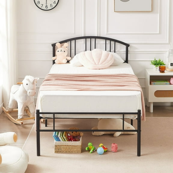 VECELO Twin Size Metal Platform Bed Frame with Curved Headboard, Heavy Duty Steel Slats Support/No Box Spring Needed, Black