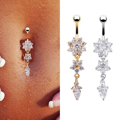SmartBy Sexy Women Flower Rhinestone Dangle Bar Barbell Belly Button Ring Body Piercing