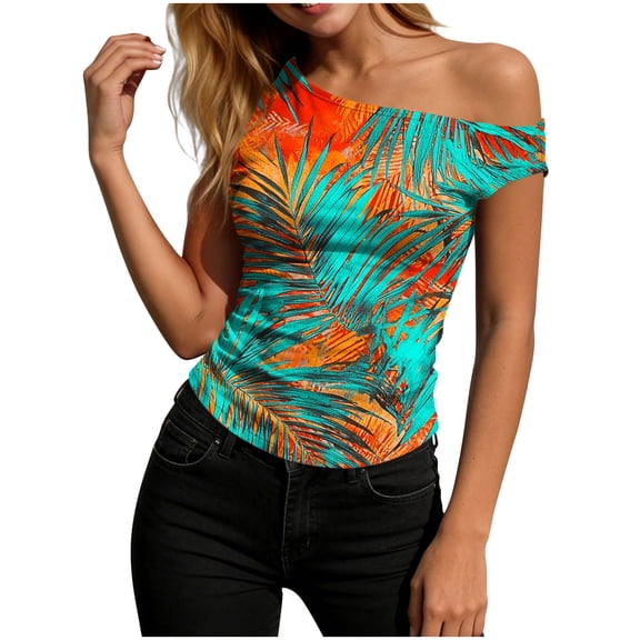 NTACZA off the Shoulder Summer Tops Asymmetrical Neck Tropical Palm Leaf Print Sleeveless Casual Tank Tops Party Slim Tank Tops for Women