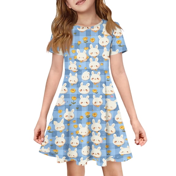 yuCgh Girls Easter Party Dress, Short Sleeve Summer Dress with Pocket & Floral Print, Lightweight Casual Easter Dress for Children,Blue 110