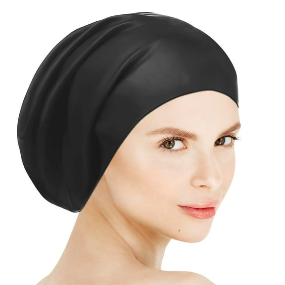 Extra Large Silicone Waterproof Swim Caps for Long Hair, Braids, Dreads, Weaves, Extensions, Curls & Afros - Keep Hair Dry for Women & Men（Black）