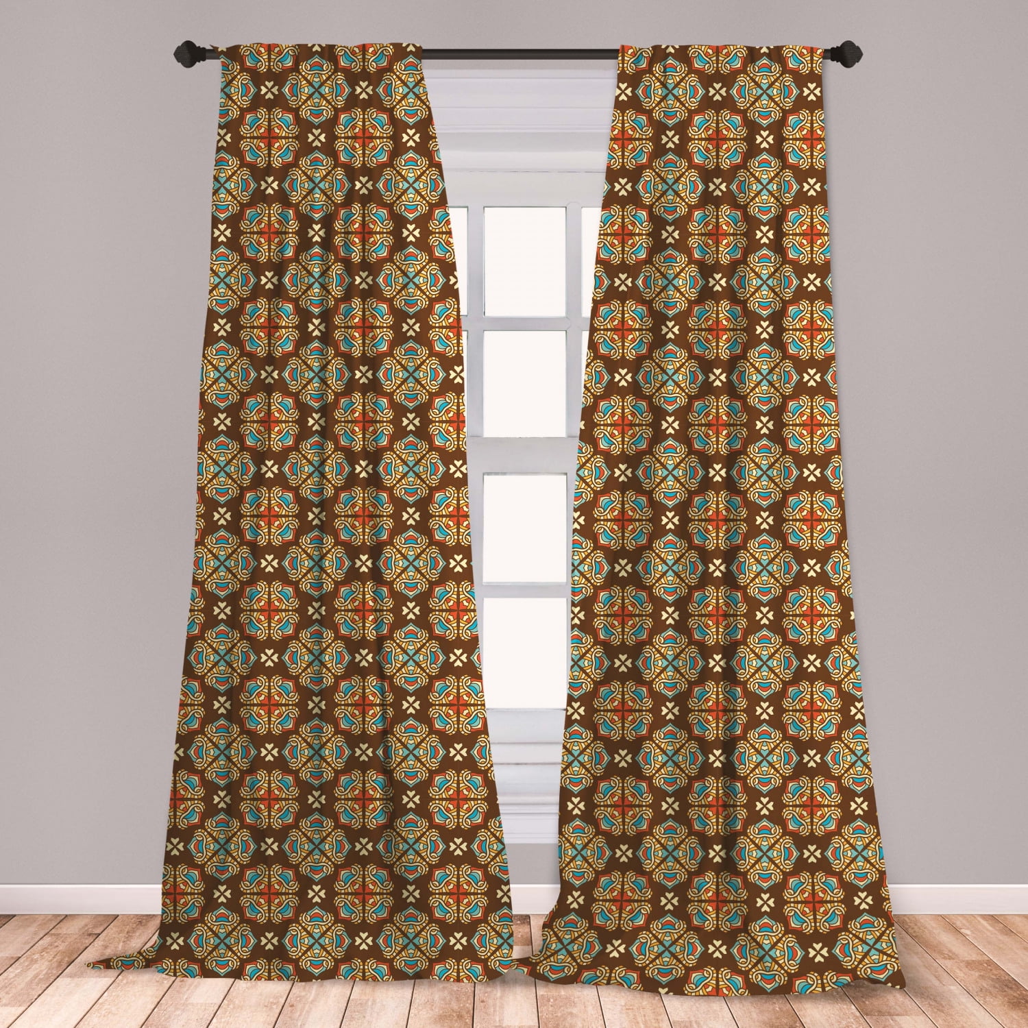 Ethnic Curtains 2 Panels Set, Pattern with Geometric Design Ornamental
