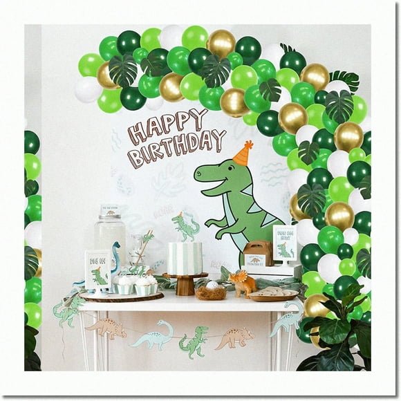 Tropical Safari Balloon Arch Kit - Vibrant Jungle Theme Party Supplies with Green, Gold & White Balloons, adorned with Artificial Palm Leaves. Perfect for Boys or Girls Birthday Party Decor!