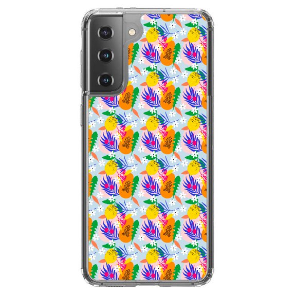DistinctInk Clear Shockproof Hybrid Case for Galaxy S21  PLUS 5G (6.7" Screen) - TPU Bumper, Acrylic Back, Tempered Glass Screen Protector - Summer Vibes Floral Pattern Orange Blue Green
