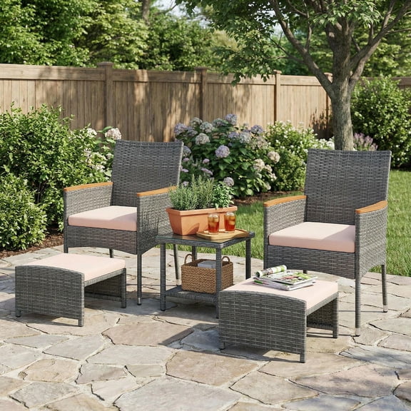 Barara King Patio Relaxation Sets,5 Pieces Patio Conversation Set with Soft Cushions and Ottomans-Beige