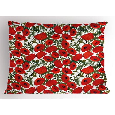 Poppy Flower Organic Horn - Poppy Pillow Sham Abstract Flower Pattern with Garden Foliage Botanical Bouquets Organic Meadows, Decorative Standard Size Printed Pillowcase, 26 X 20 Inches, Green Red White, by Ambesonne