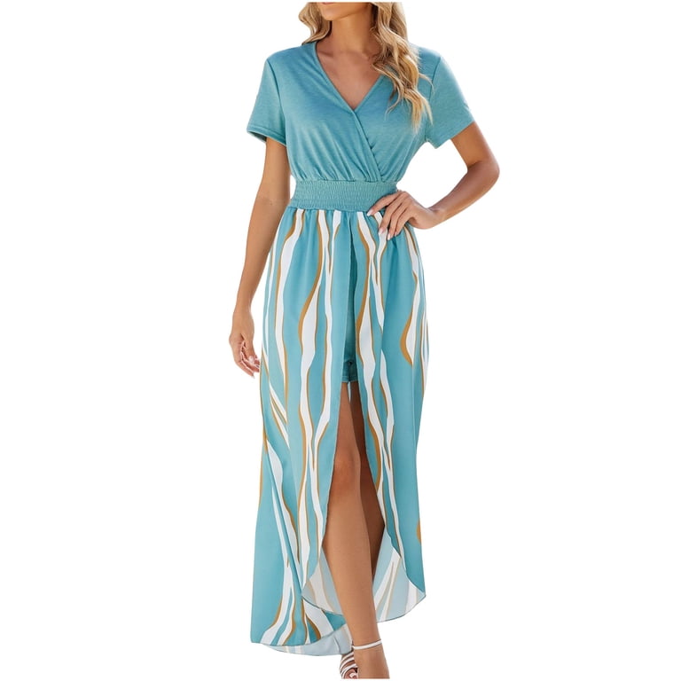 Summer Dresses for Women Sale Fashion Neck Casual Print Short Sleeve Party  Long Dress