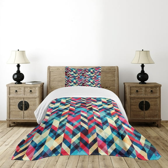 Ambesonne Grunge Quilted Bedspread Set 2 Pcs, Hipster Zigzag Chevron, Twin Size, Multicolor