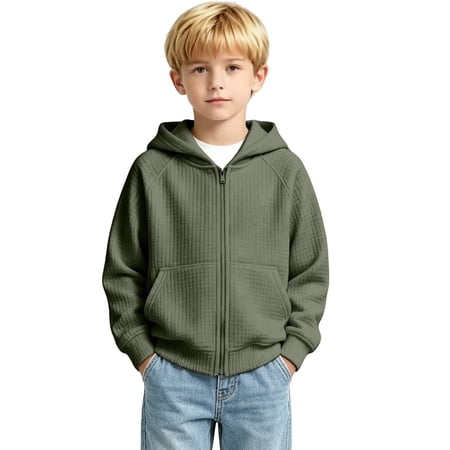 Multi Color Zip Up Hooded Sweatshirt Raglan Sleeve Kids Outerwear Lightweight Waffle Material for Spring Autumn Layering Birthday Daily Casual Wear Army Green 150