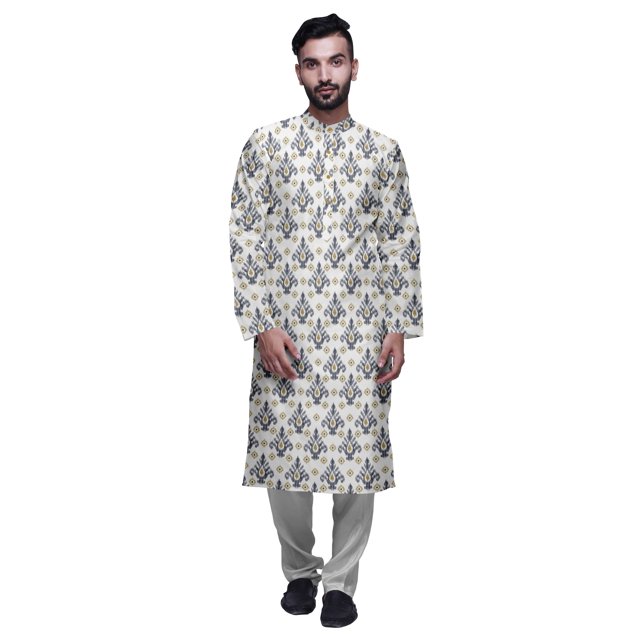 Atasi Kurta Ethnique en Satin Slub avec Churidar pour Hommes, Tenue de Fête Imprimée