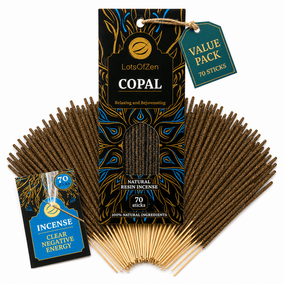 LOTS OF ZEN Copal Incense Sticks (70 Pack) – Long Burning White Copal Resin Smudge Kit for Cleansing, Meditation, Rituals & Home Energy Refresh