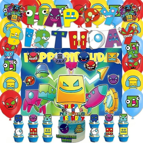Geometric Dash Themed Birthday Party Decoration Set, 38pc set includes backdrop, banner, cake toppers, balloons, and cupcake decorations.