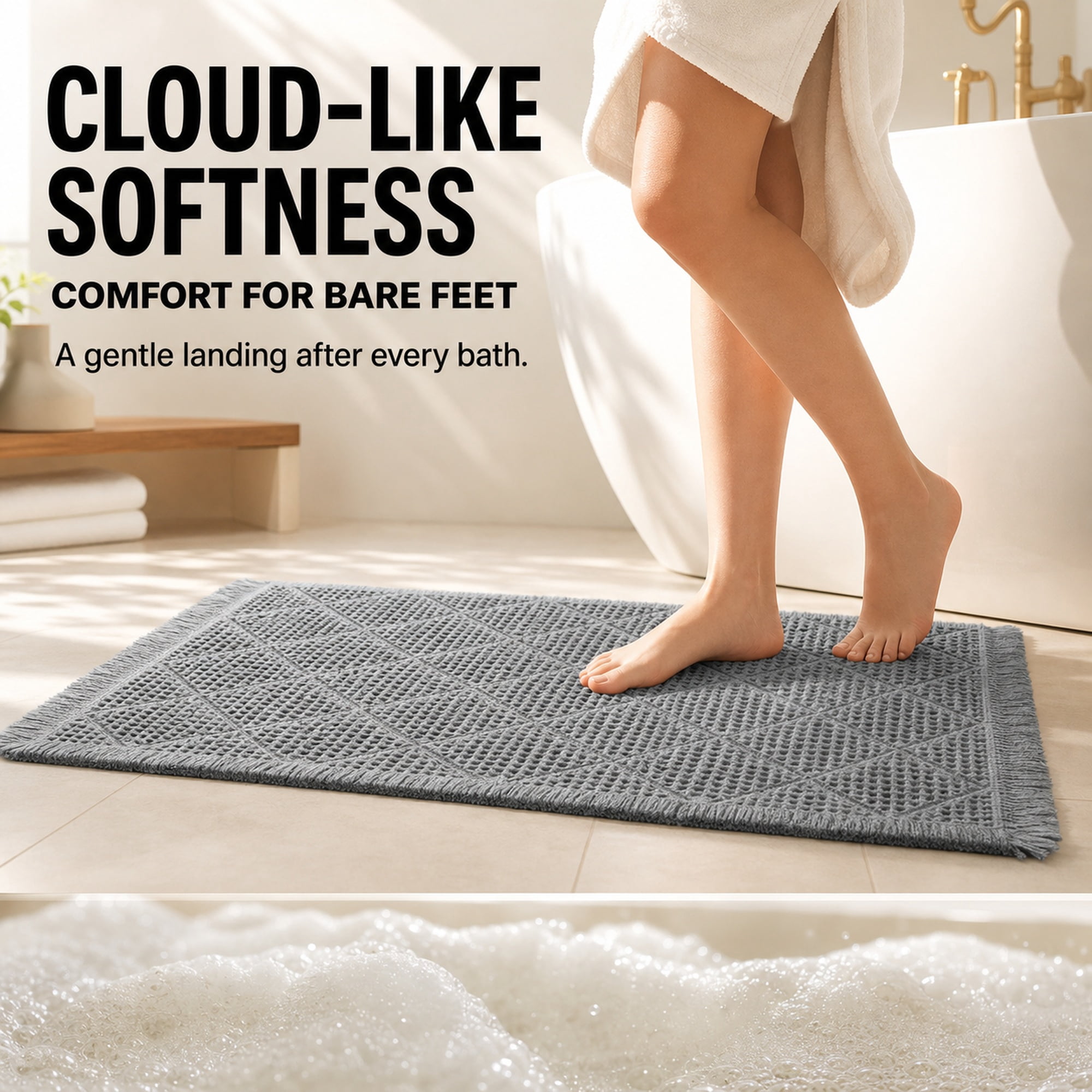 HBK 2 Piece Waffle Bath Mat Set, Non-Slip Bathroom Rugs, Absorbent & Machine Washable Shower Runner, Grey & White, 20 x 47 and 18 x 30 Inches