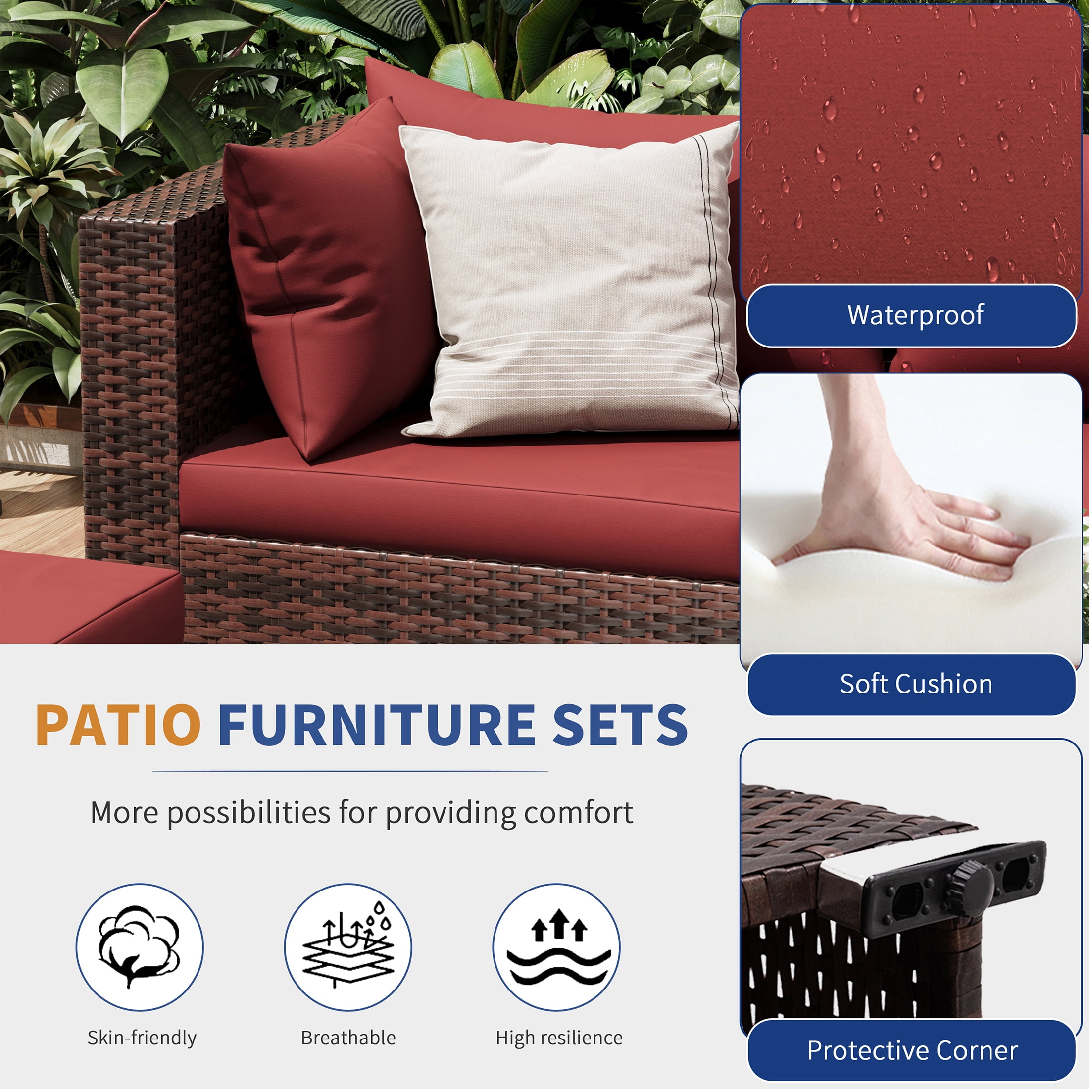 UDPATIO Patio Furniture Sets, Modular Rattan Outdoor Patio Sectional Furniture with 44" Fire Pit Table,, Wicker Patio Conversation Set for Backyard, Deck, Poolside w/Glass Coffee Table, 7PC Wine Red