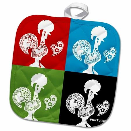 Rooster Pot - 3dRose Four portuguese roosters in black, red, blue and green color - Pot Holder, 8 by 8-inch