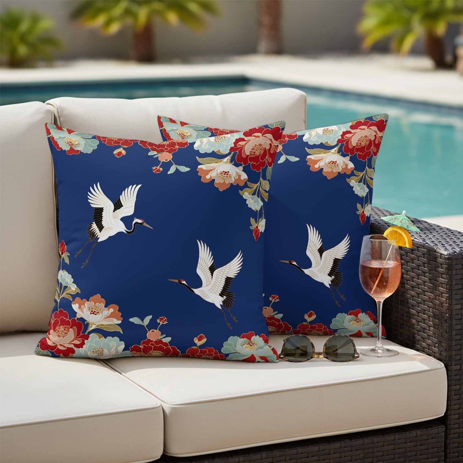 Pack of 2 Blue Crane Outdoor Pillow Covers Decorative, Waterproof Pillow Protector, Vintage Red Teal Spring Floral Botanical Throw Pillowcases Accent Cushion Cases for Patio Couch Sofa 18"x18"
