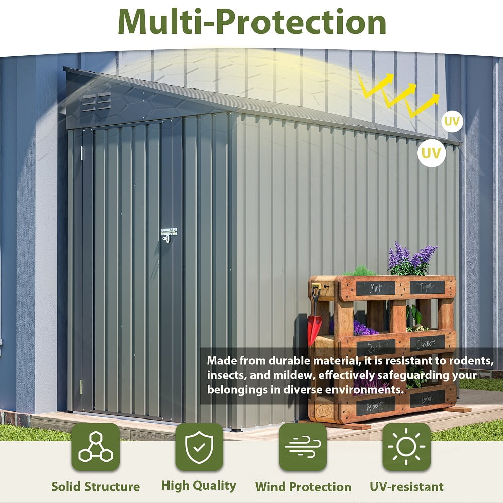 4x7 Foot Lean-To Shed in Olive grey, Heavy-Duty Steel Outdoor Storage for Garden