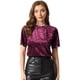 thumbnail image 1 of INSPIRE CHIC Camiseta de manga corta con cuello redondo informal de terciopelo vintage para mujer borgo?a XL, 1 of 5
