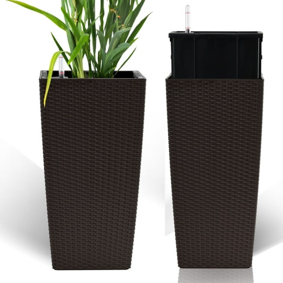 CQSXDA Square Planter with Automatic Watering System, 22" High Faux Rattan Design Flower Pot for Indoor Outdoor 2-Pack