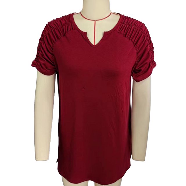 Camiseta con cuello en V para mujer, pantalón corto informal, manga plisada, fruncida, Color puro, jersey de verano, Top rojo vino M