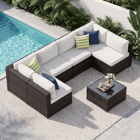 Clouddwell 7 Piece Outdoor Patio Furniture Set, Wicker Rattan Patio Sectional Sofa Sets, Off White