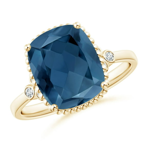 ANGARA Natural Cushion 4.5 ct London Blue Topaz Beaded Ring with Diamonds in 14K Yellow Gold for Women (Size-11x9mm) | November Birthstone Jewelry for Women | London Blue Topaz Ring (Ring Size- 7.5)