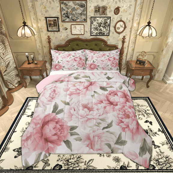 Feelyou Romantic Pink Flower Queen Comforter Set, Vintage Floral Fashion Bedding Sets, Southwestern Reversible Bedding Comforter Set, Breathable Home Decor, 3 Pieces