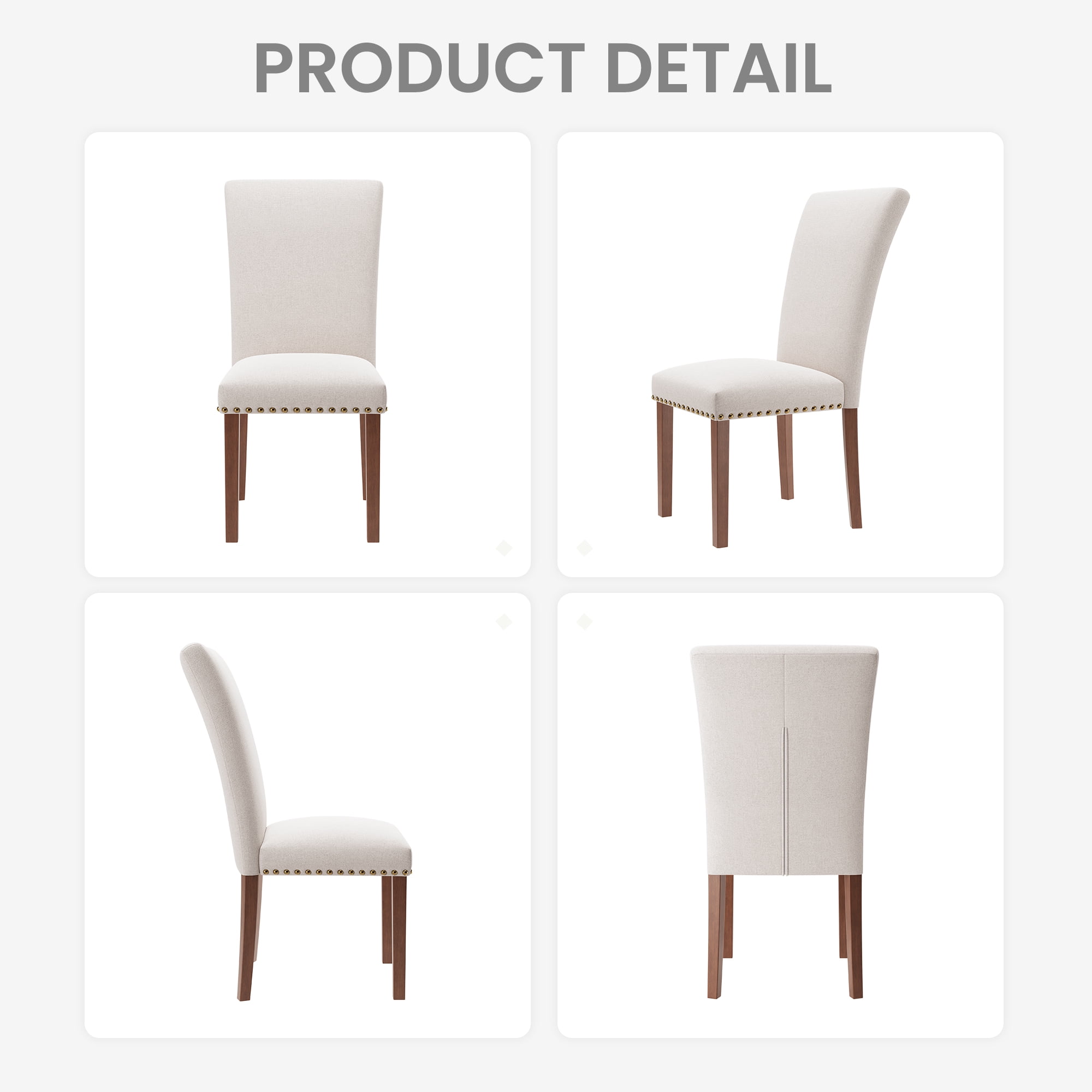 Mid-Century Fabric Dining Chairs with Nailhead Detail and Wooden Legs, Upholstered Side Chairs for Kitchen and Dining Room – Beige