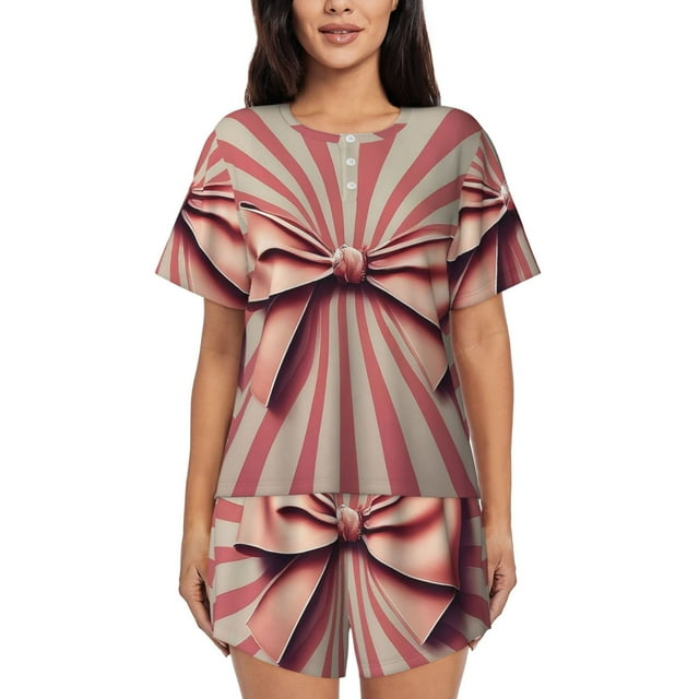 Fotbe Retro Bow Conjunto de Pijama Estampado para Mujer, 2 Piezas, Ropa de Dormir con Camiseta de Manga Corta y Shorts Suaves-Small