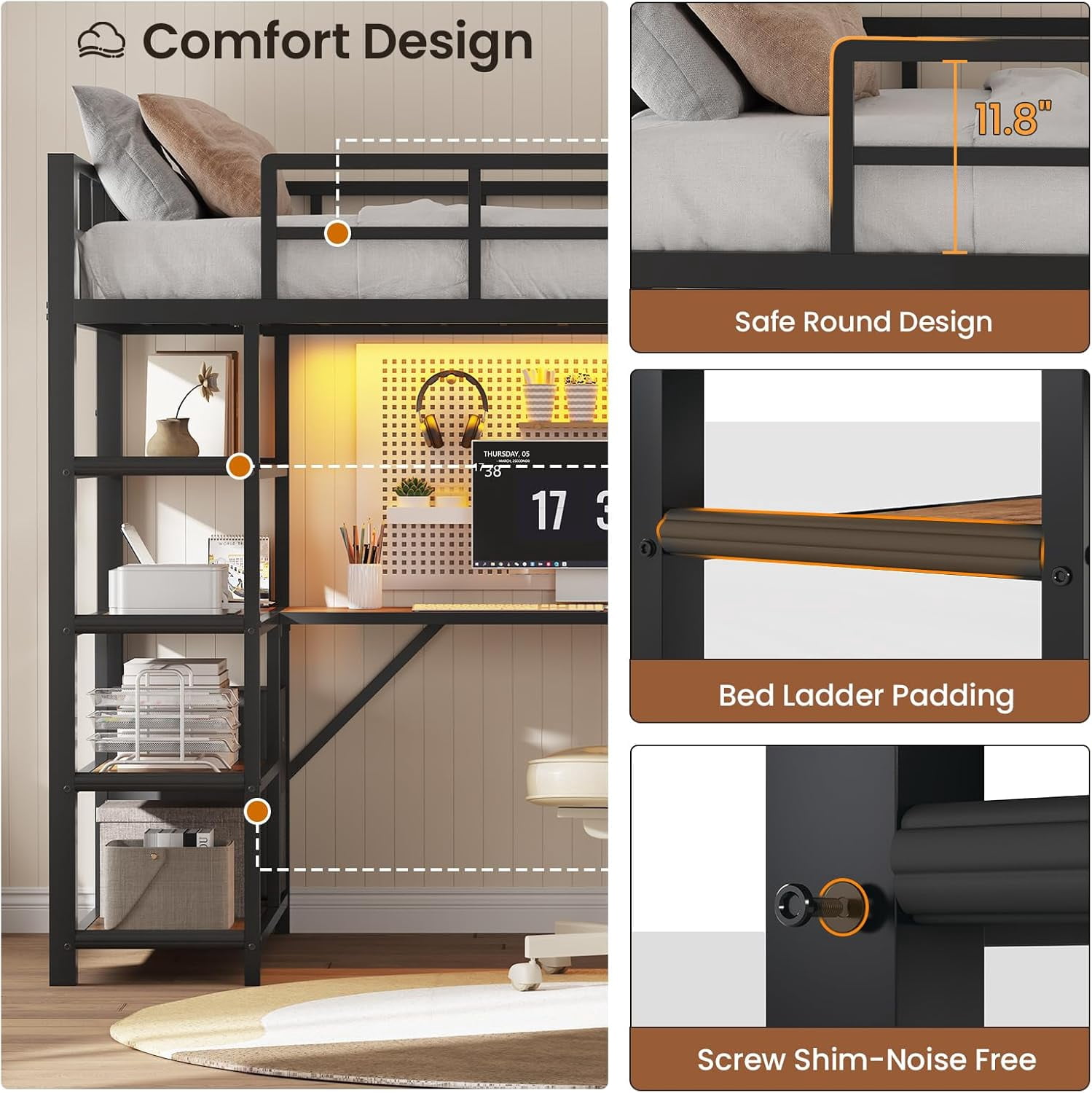 Twin Size Loft Bed with Power Outlet and LED Lights, Metal Loft Bed Frame with L Shape Desk and 4-Tier Storage Shelves, No Box Spring Needed,  Black