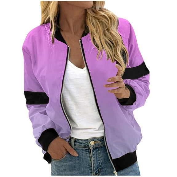 Spring Tops for Women!ChaoHeng Ladies Jackets Lightweight Petite Clearance 2024,Women's Casual Fashion Gradient Pocket Zipper Top Jacket(Purple,XXL)