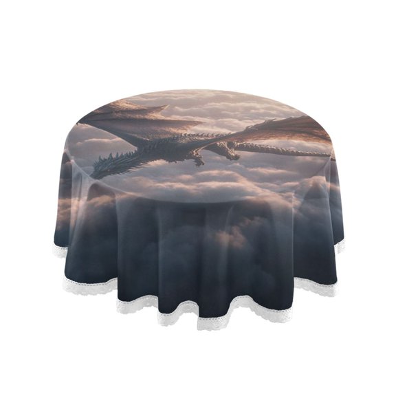 Round Single Sided Printed Tablecloth, 60 Inch Polyester Round Table Cover with White Lace Trim, Wrinkle Resistant Decorative Table Cloth for Home Sky Dragon